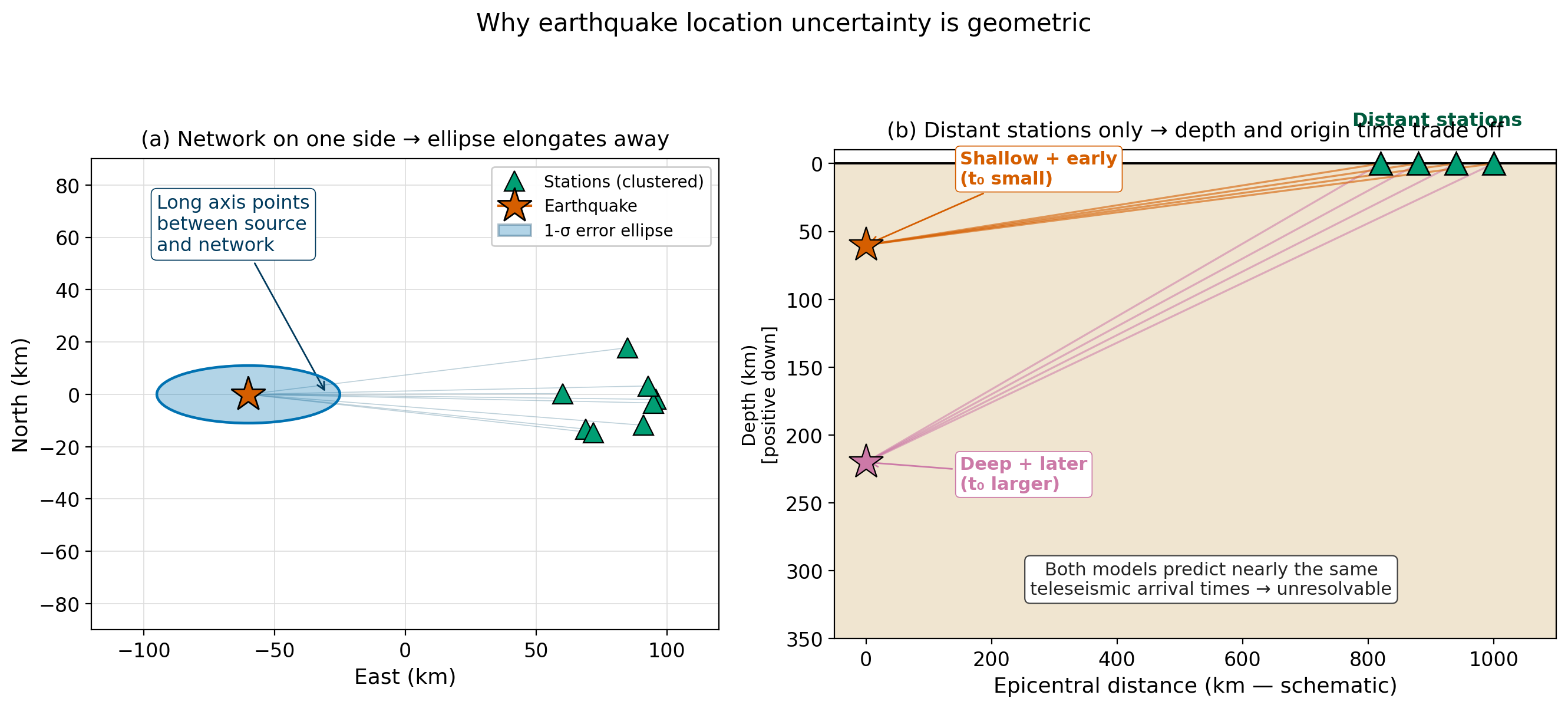 alt:Two panels showing how station distribution affects location uncertainty: a clustered network gives an error ellipse elongated radially toward the network, and a teleseismic-only configuration produces a depth-origin time trade-off